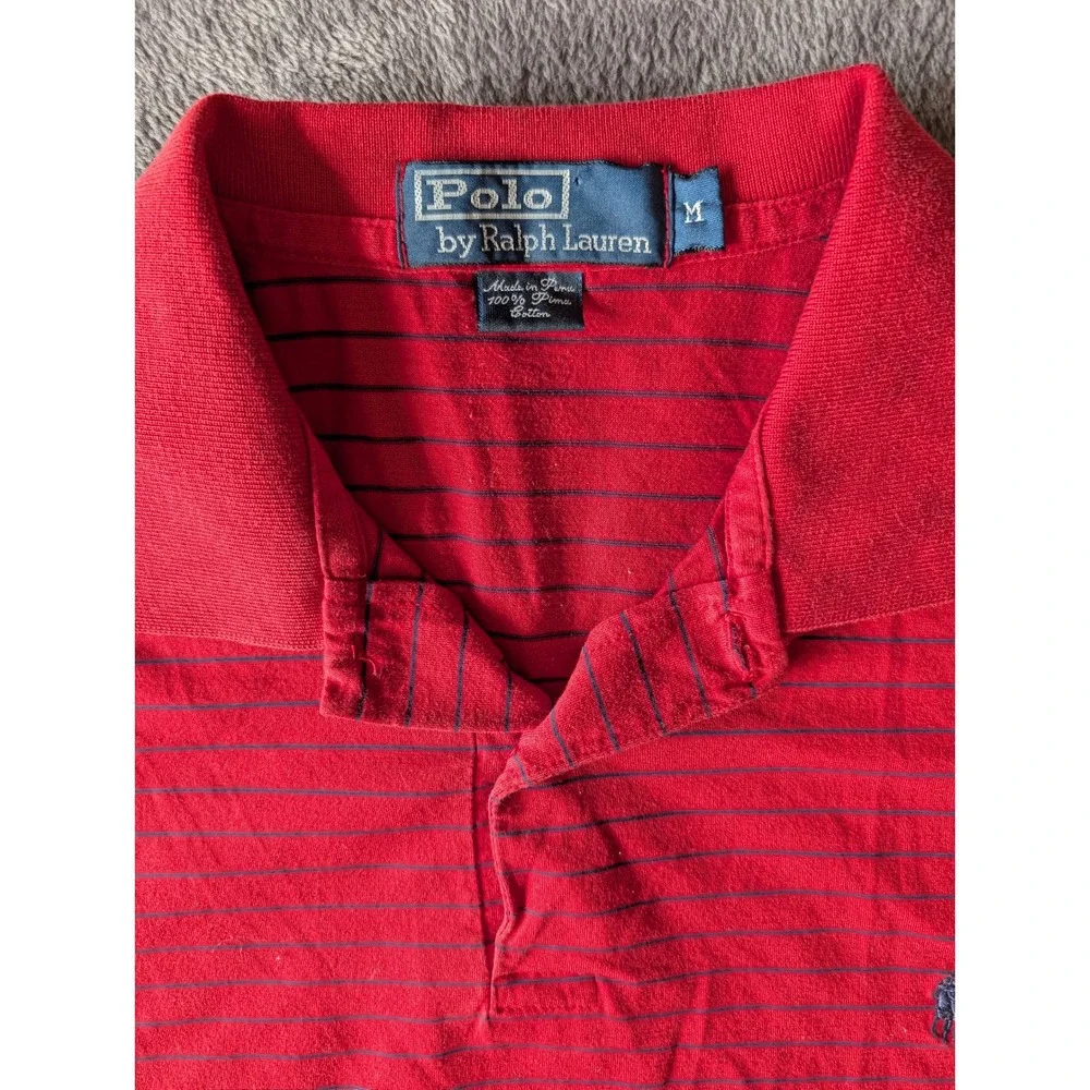 Polo Ralph Lauren Mens Red Striped Pima Cotton Short Sleeve Polo Shirt Size M
